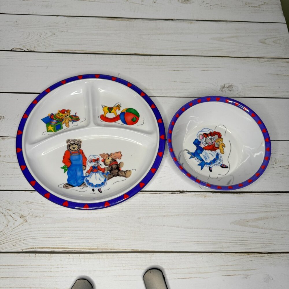 Vintage Kids Divided Plate & Bowl Set Bear & Mouse Design Blue & Red Heart Trim